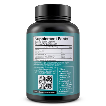 BoostCeuticals Vegan Omega-3 1000mg | Plant-Based Algae, Non-GMO, Gluten Free | 60 Ct