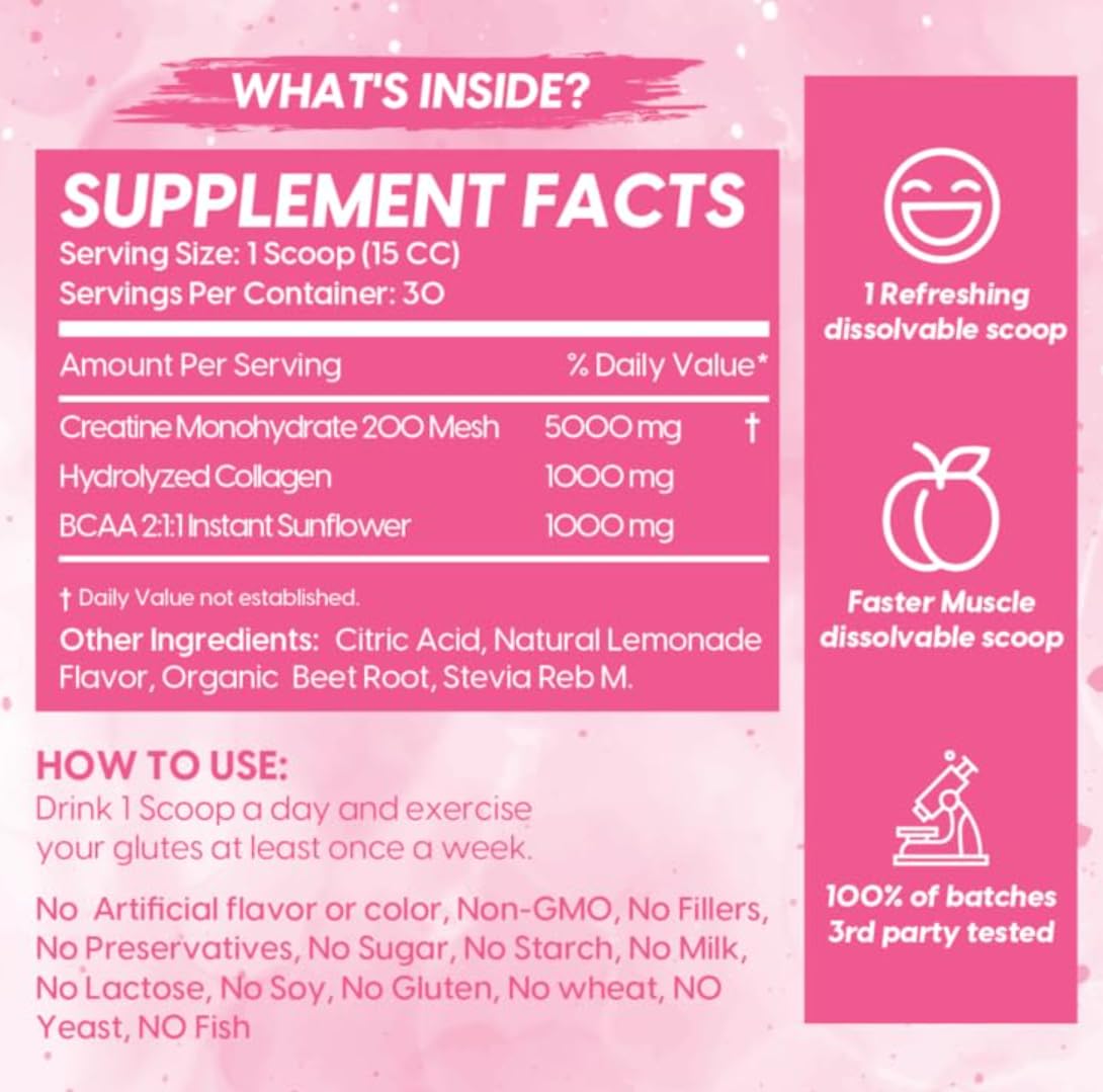 Booty Pump Formula for Women – Pink Lemonade Creatine + BCAAs + Collagen