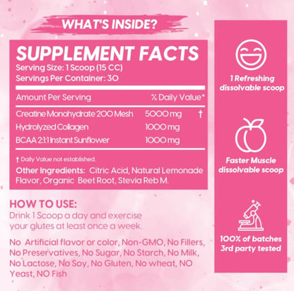 Booty Pump Formula for Women – Pink Lemonade Creatine + BCAAs + Collagen