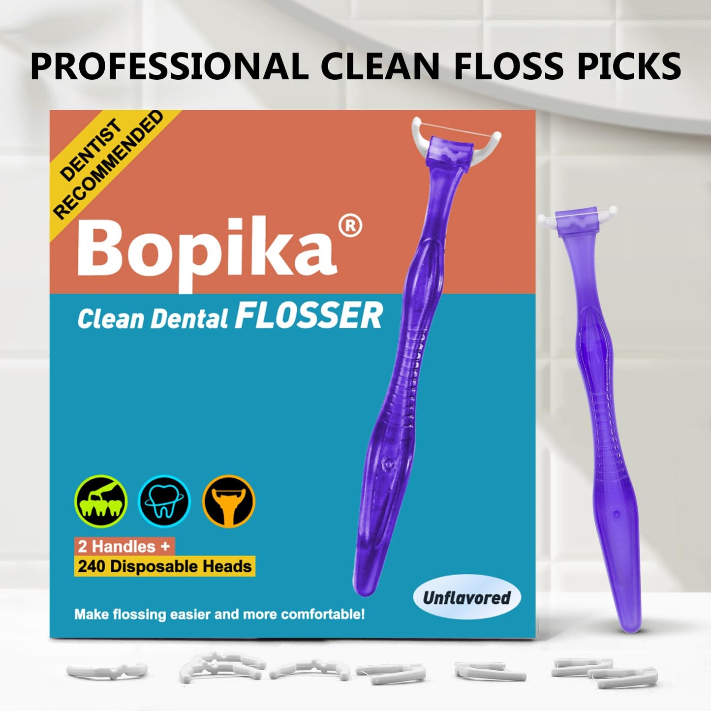 Bopika Dental Floss – Extra Strength Floss with 1 Handle & 120 Refill Heads