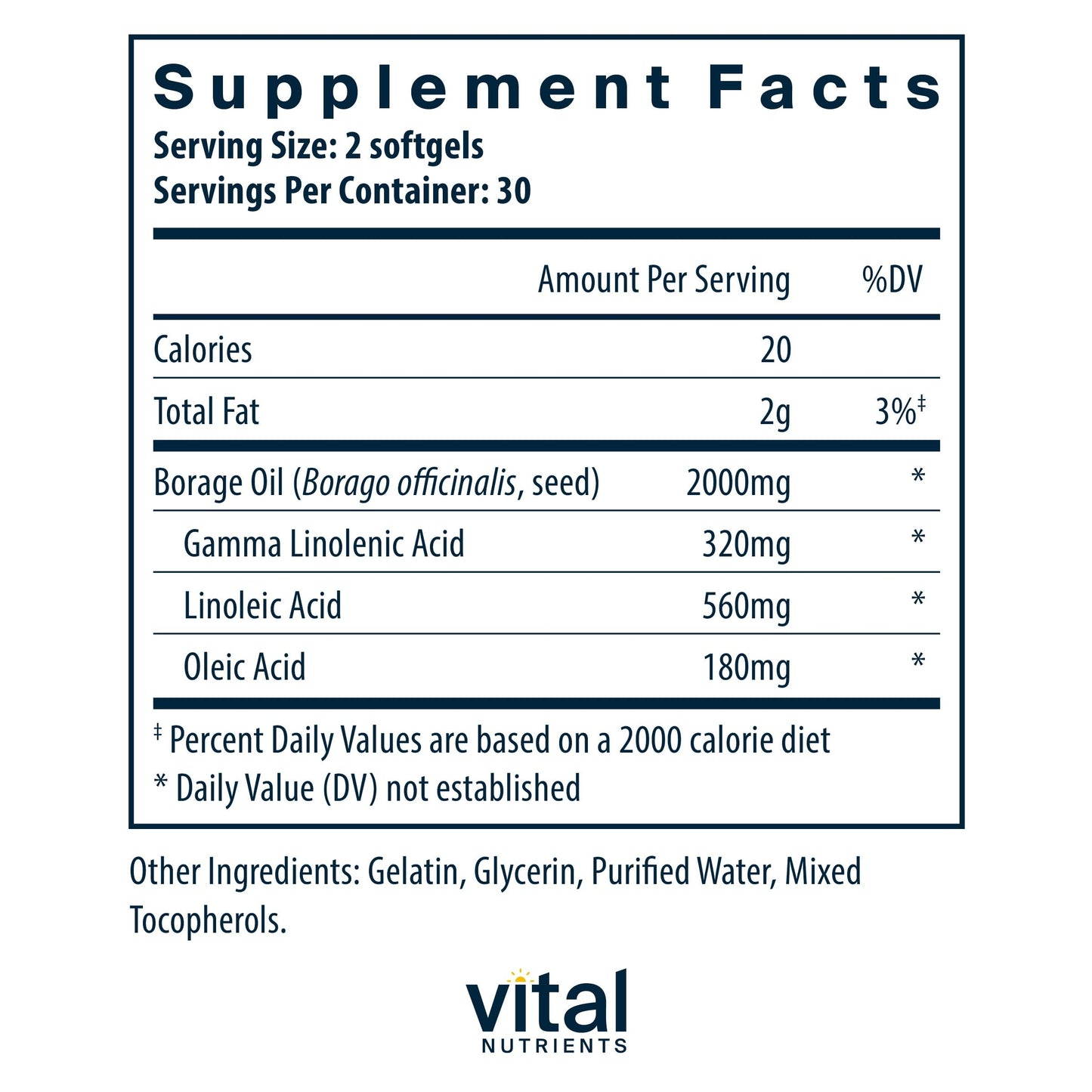 Vital Nutrients Borage Oil 1000mg | High-Dose GLA Omega-6 | 60 Softgels | Gluten, Dairy, Soy Free | Non-GMO