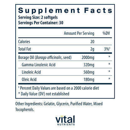 Vital Nutrients Borage Oil 1000mg | High-Dose GLA Omega-6 | 60 Softgels | Gluten, Dairy, Soy Free | Non-GMO