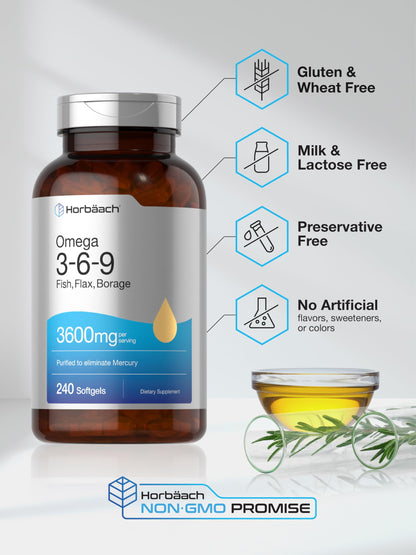 Horbäach Triple Omega 3-6-9 Softgels 240 | Fish, Flaxseed & Borage Oils | Non-GMO & Gluten Free