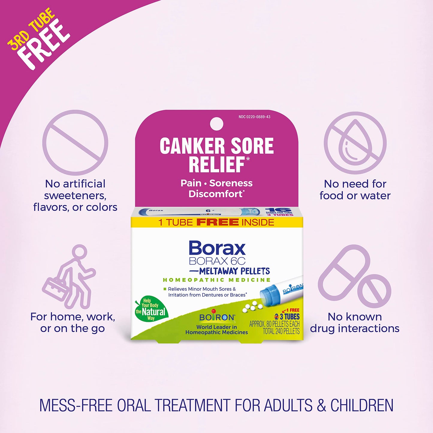 Boiron Borax 6C Homeopathic Medicine for Canker Sores – 3 Count (240 Pellets)
