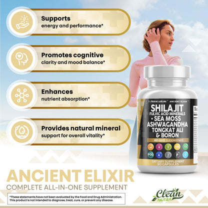 Clean Shilajit for Men with Sea Moss & Tongkat Ali | Fulvic Acid Capsules - 90 Count