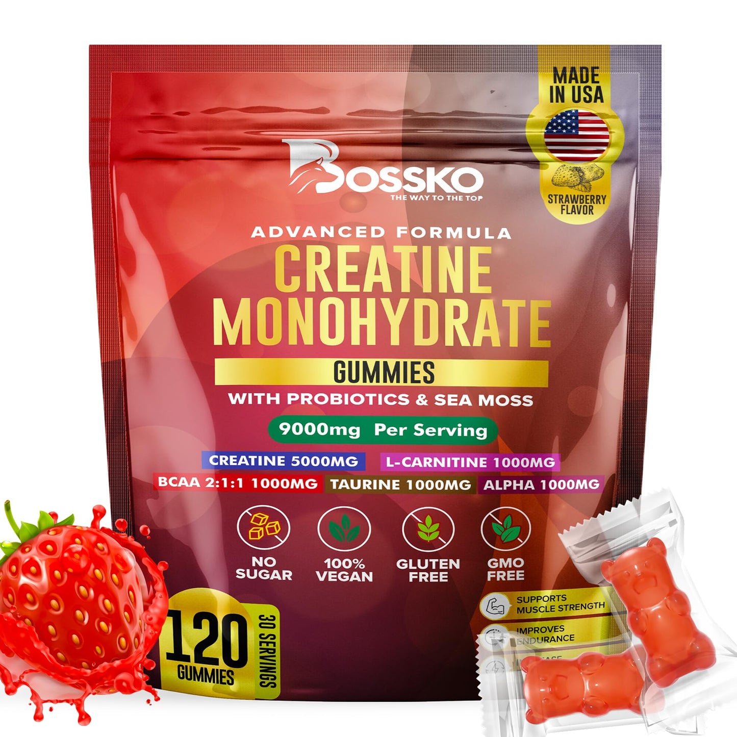BOSSKO Creatine Monohydrate Gummies 9g – 120 Count, Vegan & Non-GMO
