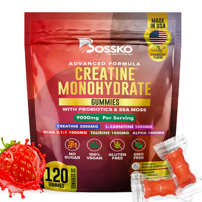 BOSSKO Creatine Monohydrate Gummies 9g – 120 Count, Vegan & Non-GMO