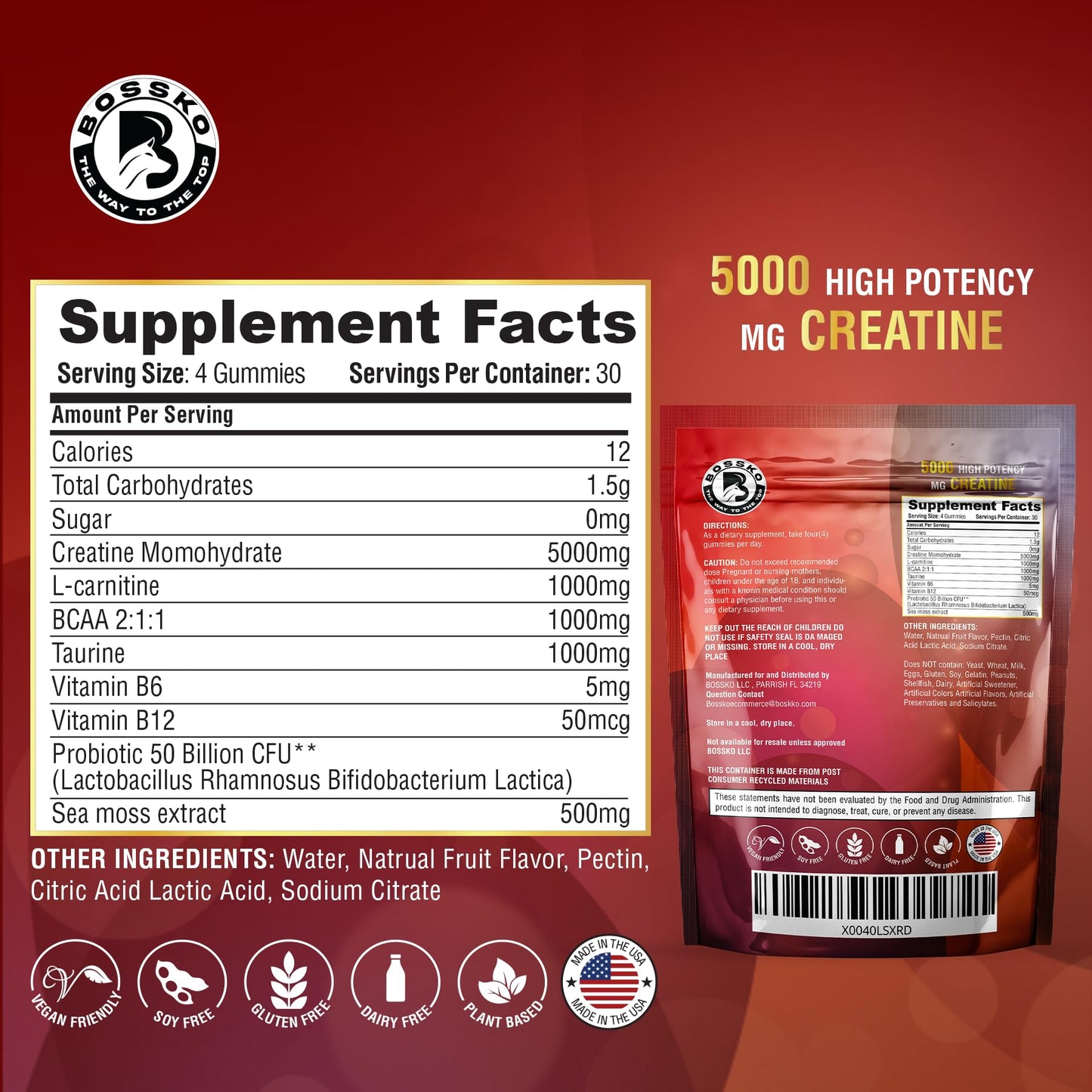 BOSSKO Creatine Monohydrate Gummies 9g – 120 Count, Vegan & Non-GMO