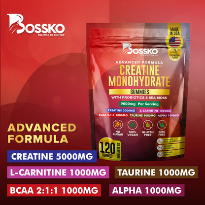 BOSSKO Creatine Monohydrate Gummies 9g – 120 Count, Vegan & Non-GMO