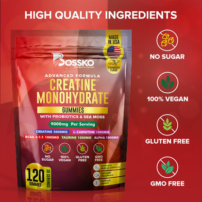 BOSSKO Creatine Monohydrate Gummies 9g – 120 Count, Vegan & Non-GMO