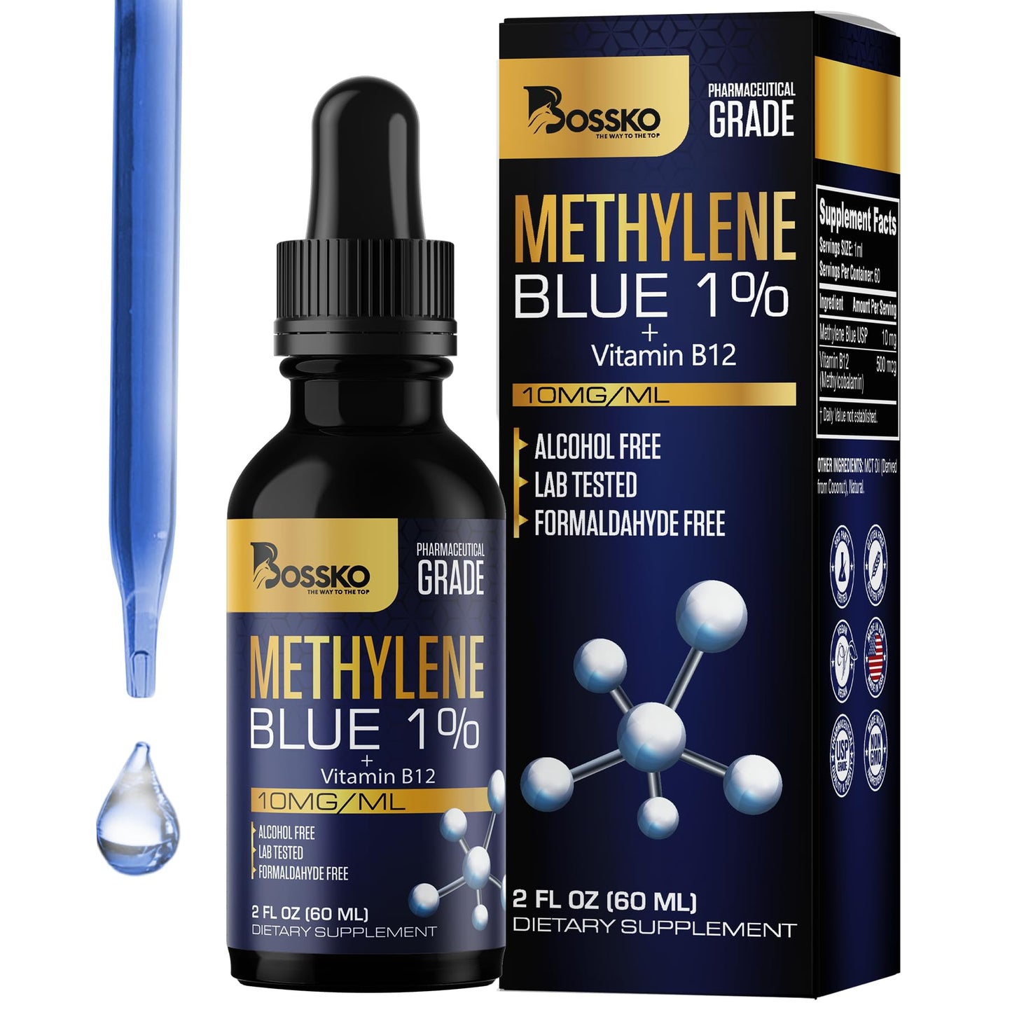 Bossko Methylene Blue 1% Solution – 99.99% Pure Pharmaceutical Grade with B12 & Magnesium | Brain & Cellular Support | Made in USA 60ml