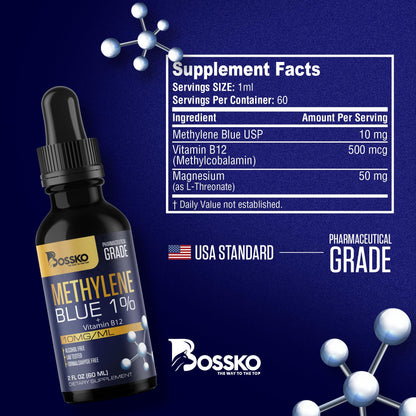Bossko Methylene Blue 1% Solution – 99.99% Pure Pharmaceutical Grade with B12 & Magnesium | Brain & Cellular Support | Made in USA 60ml
