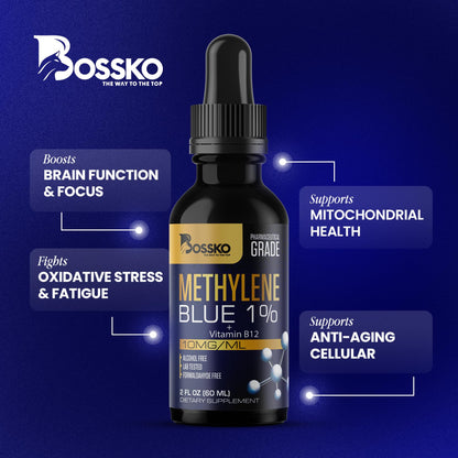 Bossko Methylene Blue 1% Solution – 99.99% Pure Pharmaceutical Grade with B12 & Magnesium | Brain & Cellular Support | Made in USA 60ml