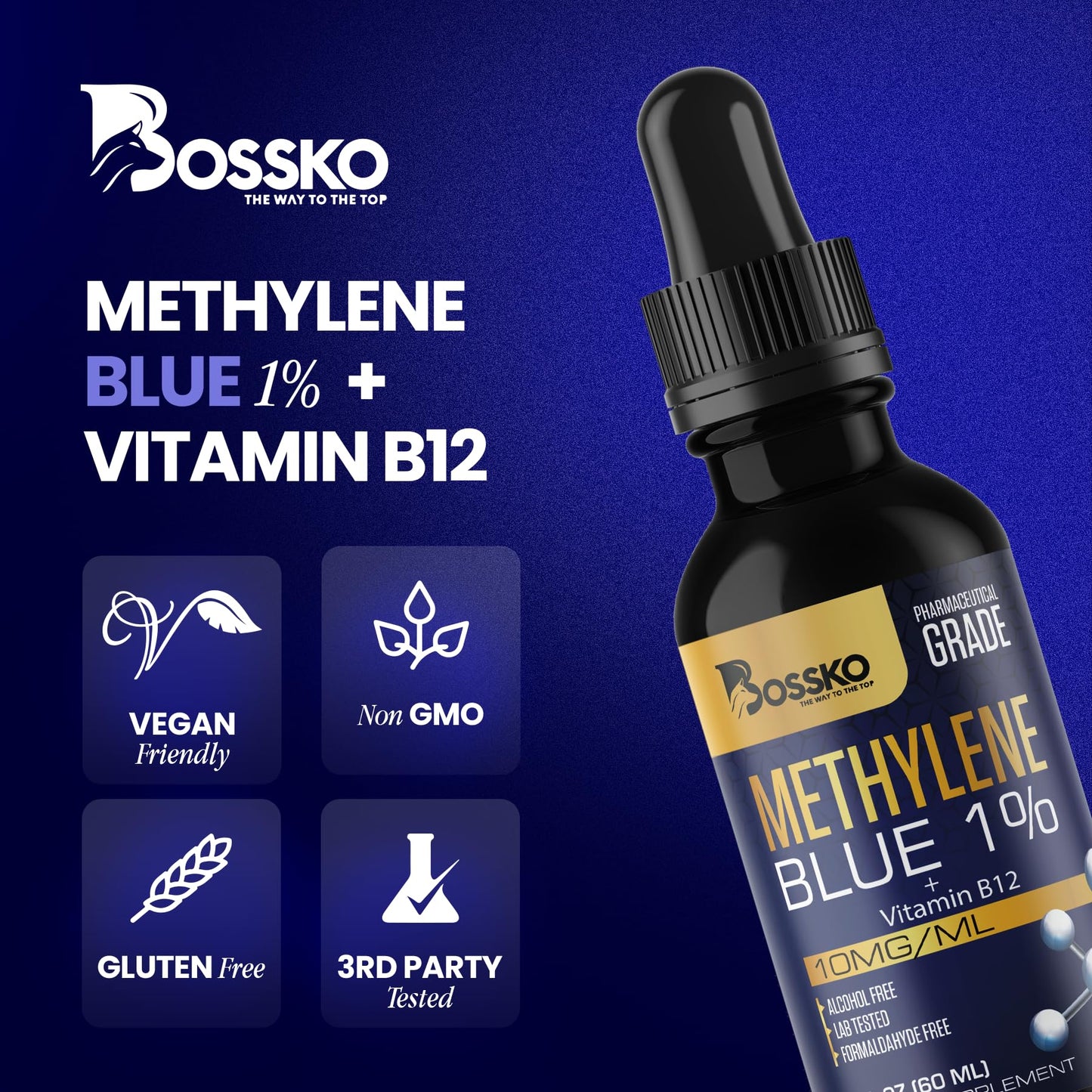 Bossko Methylene Blue 1% Solution – 99.99% Pure Pharmaceutical Grade with B12 & Magnesium | Brain & Cellular Support | Made in USA 60ml