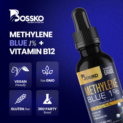 Bossko Methylene Blue 1% Solution – 99.99% Pure Pharmaceutical Grade with B12 & Magnesium | Brain & Cellular Support | Made in USA 60ml