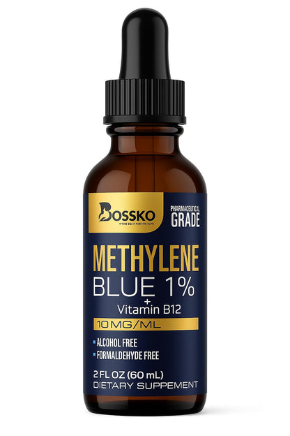 Bossko Methylene Blue 1% Solution – 99.99% Pure Pharmaceutical Grade with B12 & Magnesium | Brain & Cellular Support | Made in USA 60ml