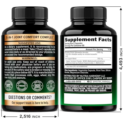 Boswellia 1200mg - 65% Boswellic Acid | Joint Health & Mobility | Turmeric, MSM & Hyaluronic Acid | Made in USA - 120 Capsules
