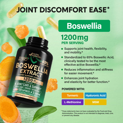 Boswellia 1200mg - 65% Boswellic Acid | Joint Health & Mobility | Turmeric, MSM & Hyaluronic Acid | Made in USA - 120 Capsules