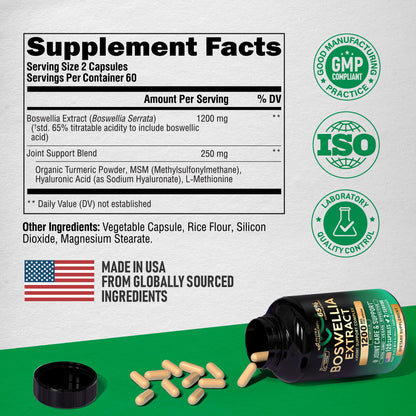 Boswellia 1200mg - 65% Boswellic Acid | Joint Health & Mobility | Turmeric, MSM & Hyaluronic Acid | Made in USA - 120 Capsules