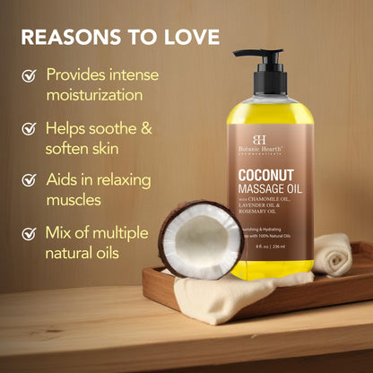 Botanic Hearth Coconut Massage Oil - Ultra Glide Formula | All Skin Types | 8 Fl Oz