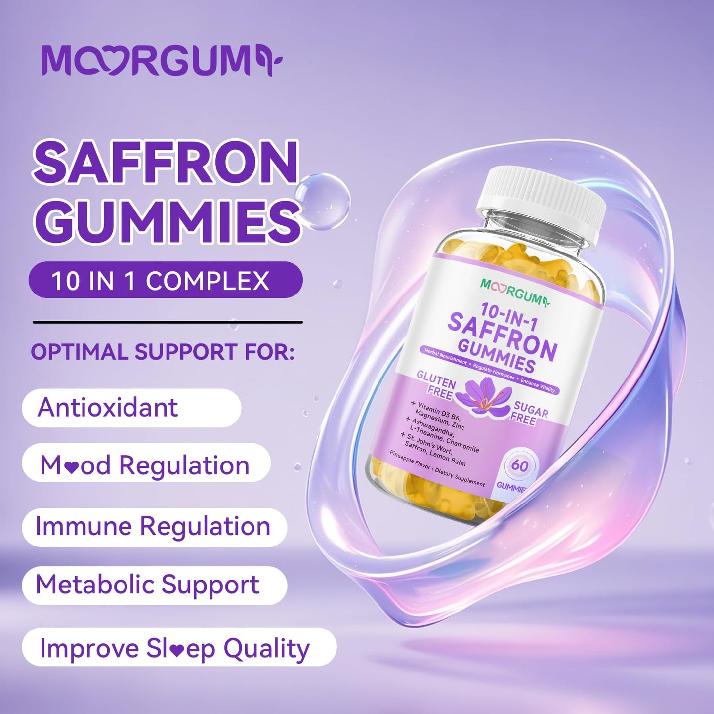 Saffron Gummies for Adults – 60 Count, 10-in-1 Cortisol Support