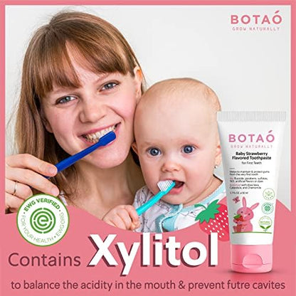 BOTAO Fluoride Free Baby Toothpaste | Natural Toddler Toothpaste | Strawberry Flavored - Training Toothpaste for Toddlers | EWG Verified, Vegan, SLS Free, Safe to Swallow, Aloe Vera (3 Pack)