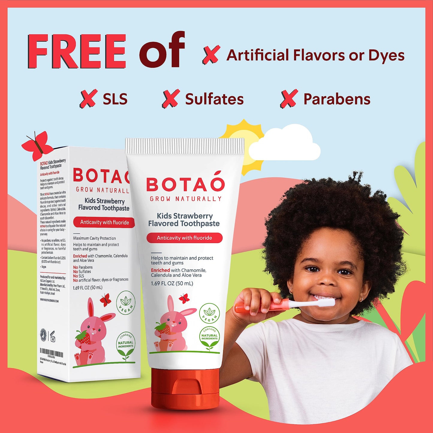 BOTAO Kids Toothpaste | Natural Strawberry Flavor | Anticavity Fluoride (2 Pack) | EWG Verified, Vegan, SLS Free