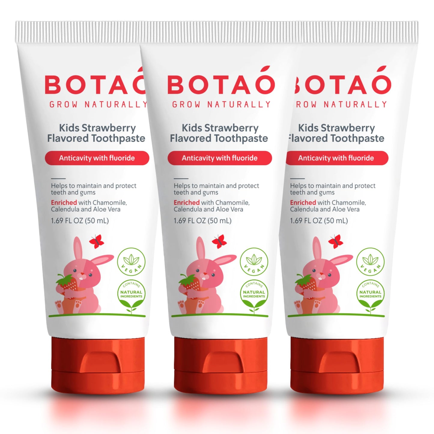 BOTAO Kids Toothpaste | Natural Strawberry Flavored Anticavity Fluoride Toothpaste Maximum Cavity Protection| EWG Verified, Vegan, SLS Free, Safe to Swallow, Aloe Vera (3Pack)