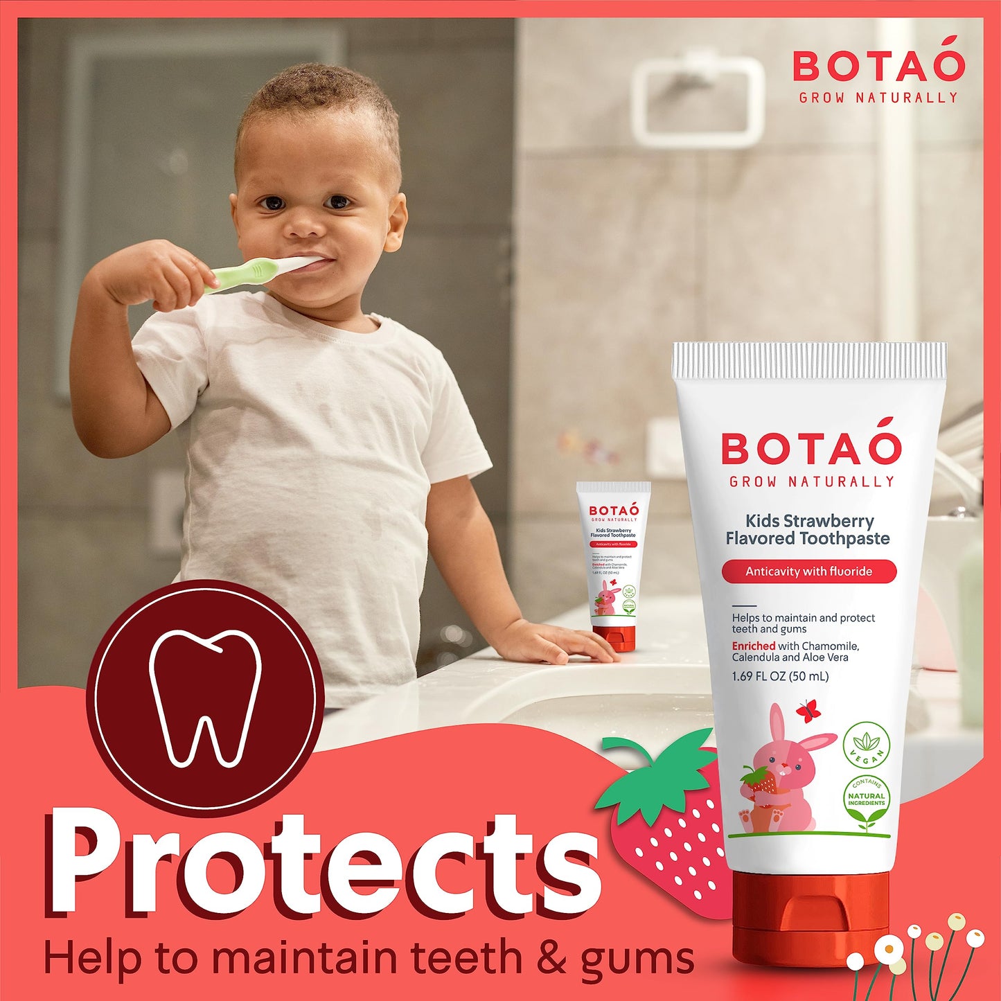 BOTAO Kids Toothpaste | Natural Strawberry Flavor | Anticavity Fluoride (2 Pack) | EWG Verified, Vegan, SLS Free