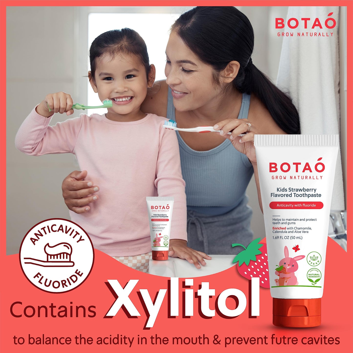BOTAO Kids Toothpaste | Natural Strawberry Flavor | Anticavity Fluoride (2 Pack) | EWG Verified, Vegan, SLS Free