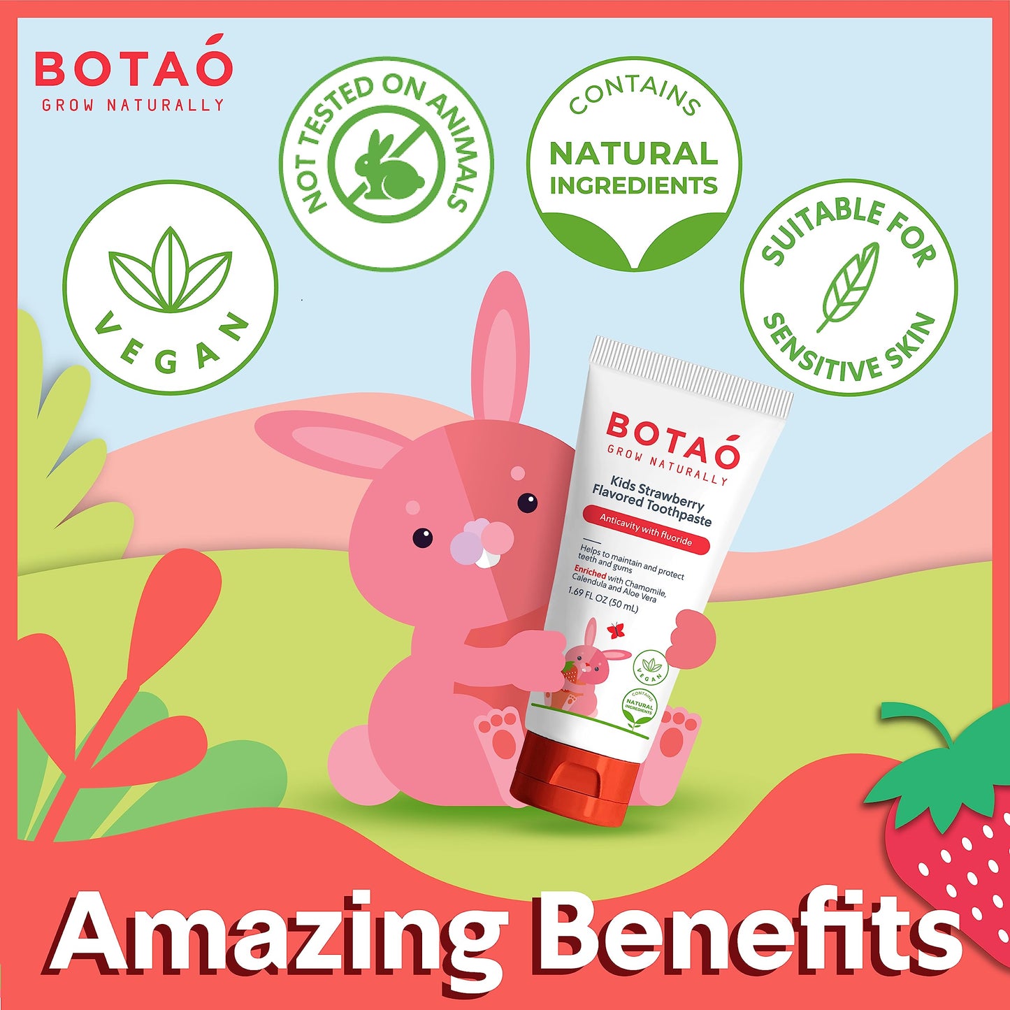 BOTAO Kids Toothpaste | Natural Strawberry Flavor | Anticavity Fluoride (2 Pack) | EWG Verified, Vegan, SLS Free