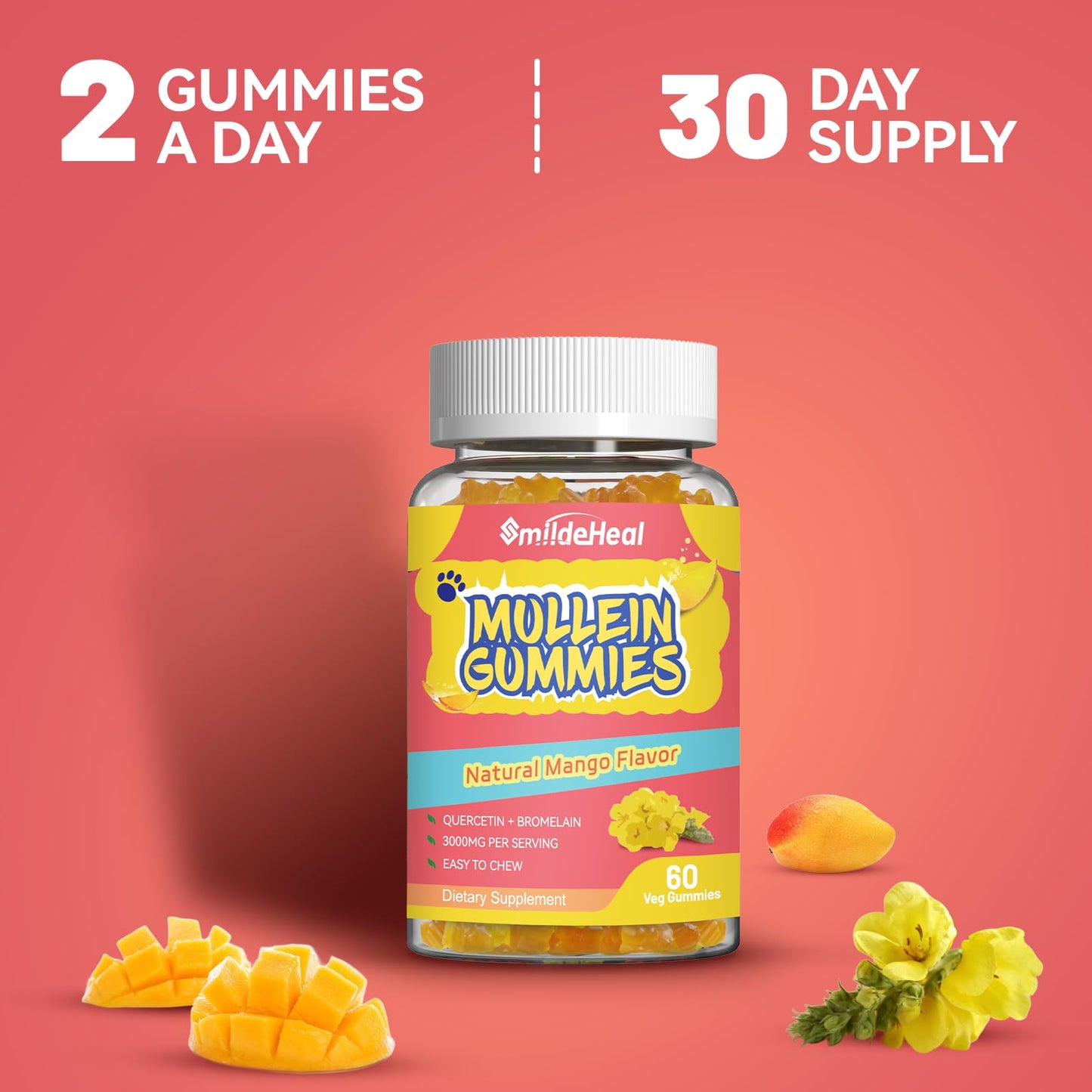 2 Pack Mullein Gummies 3000MG, Sugar Free Mullein Gummies with Bromelain & Quercetin, Mullein Leaf Extract Supplements for Lungs, Vegan, 120 Count