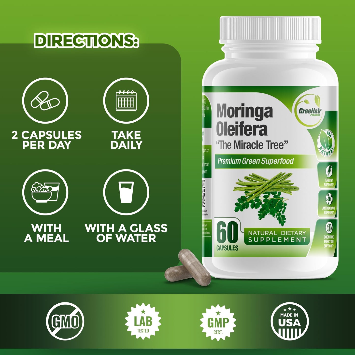 Pure Moringa Oleifera Green Superfood Capsules – Organic, Non-GMO, 60 Capsules