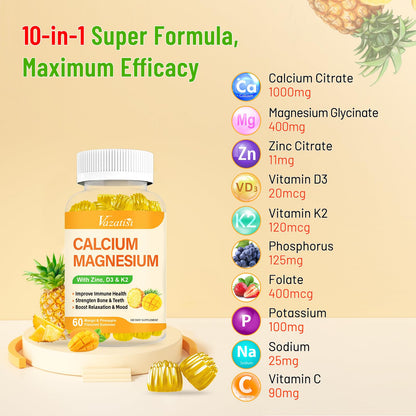 Calcium Magnesium Zinc Gummies with Vitamin D3 & K2 – Vegan Mango-Pineapple, 60 Gummies