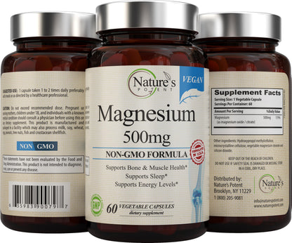 Nature's Potent Magnesium Supplements | Magnesium Citrate & Oxide 500mg | Vegan, USA Made, Sleep Support - 60 Veggie Capsules