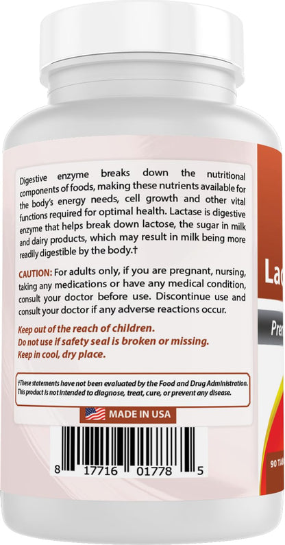 Best Naturals Lactase Enzyme Tablets for Lactose Intolerance - 9000 FCC ALU, 90 Count