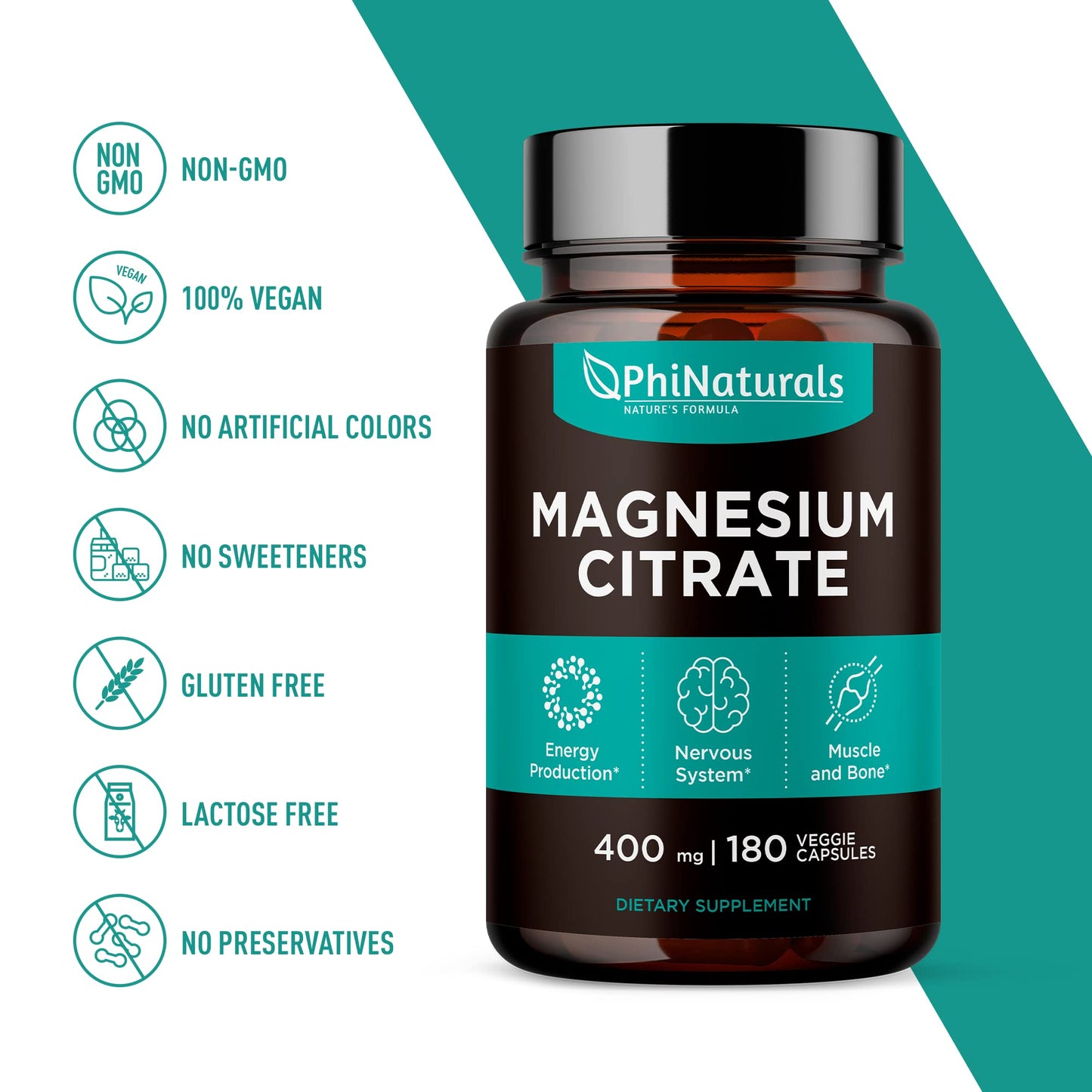 Magnesium Citrate Capsules 400 mg – 180 Veg Caps – Nervous System Support and Enzyme Function | PhiNaturals