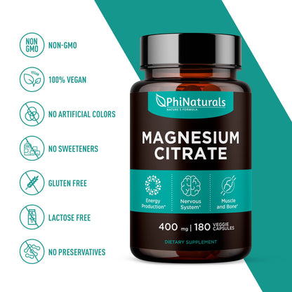 Magnesium Citrate Capsules 400 mg – 180 Veg Caps – Nervous System Support and Enzyme Function | PhiNaturals