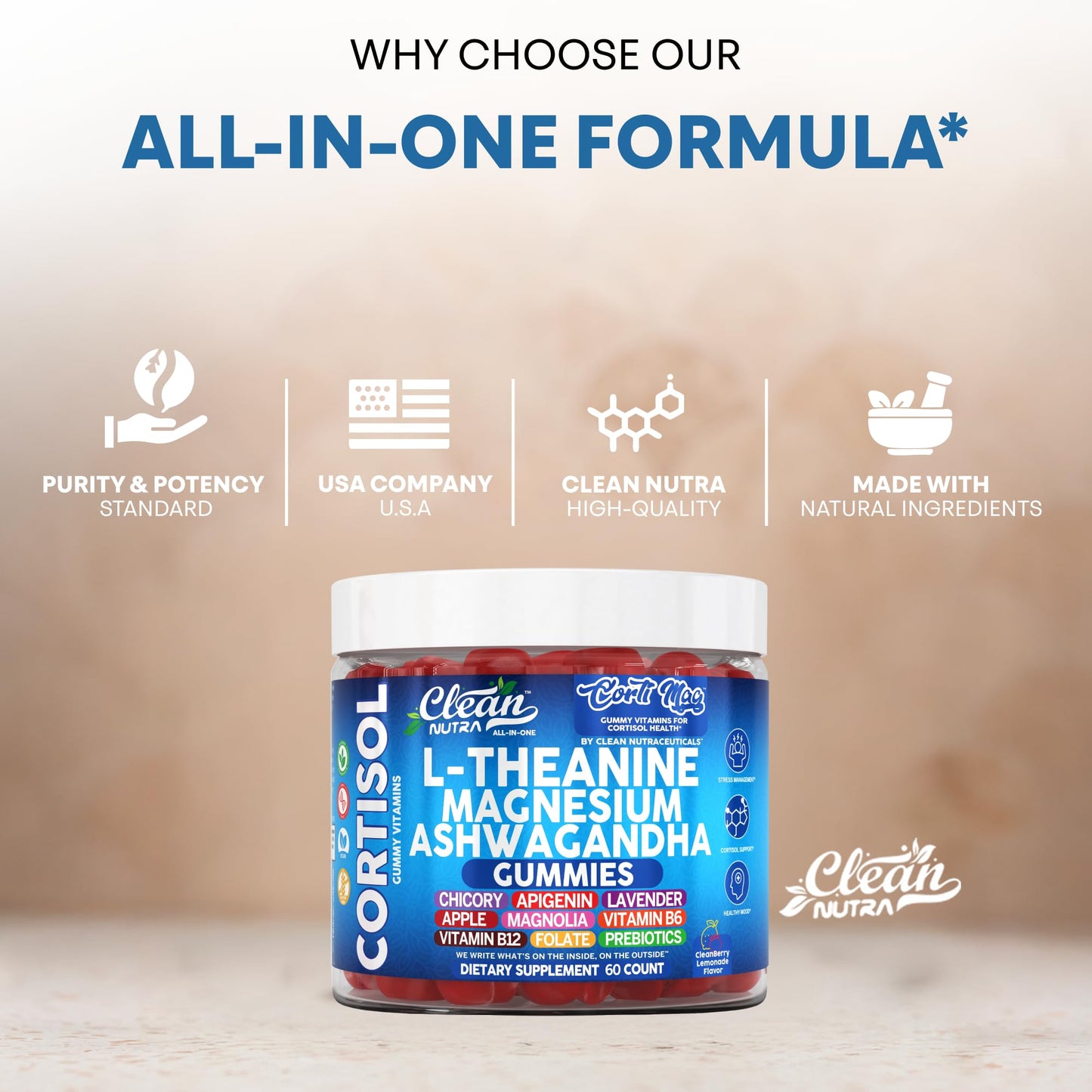 Clean Nutra Cortisol Gummies – L-Theanine, Magnesium & Ashwagandha