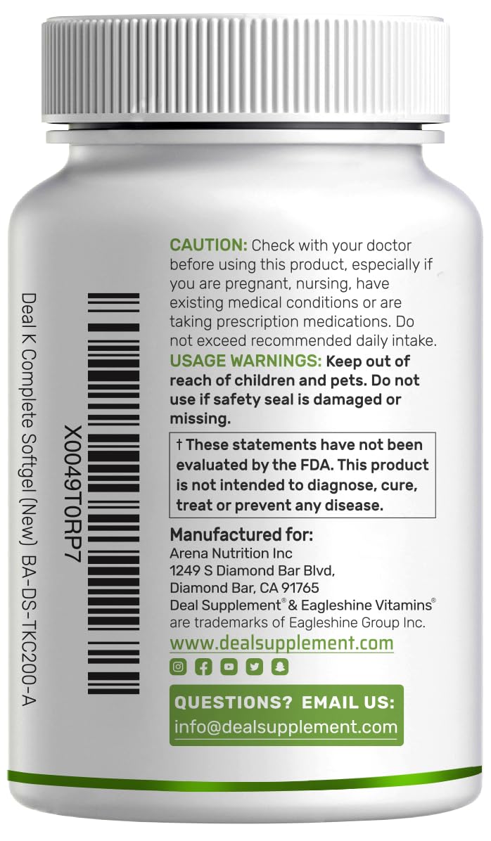 DEAL SUPPLEMENT Vitamin K Complete - 240 Coconut Oil Softgels | High Potency K1, MK-7, MK-4 | Non-GMO