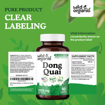 Wild & Organic Dong Quai Capsules for Women - 1000 mg per Serving | 90 Count | Vegan, Non-GMO