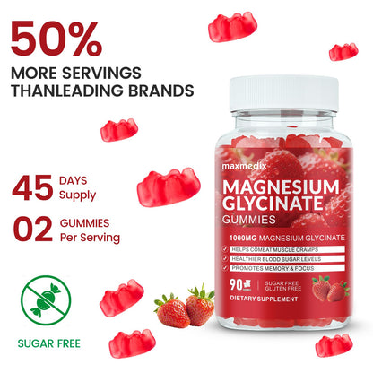 Magnesium Glycinate Gummies 1000mg – Sugar Free Sleep Support | 90 Strawberry Gummies