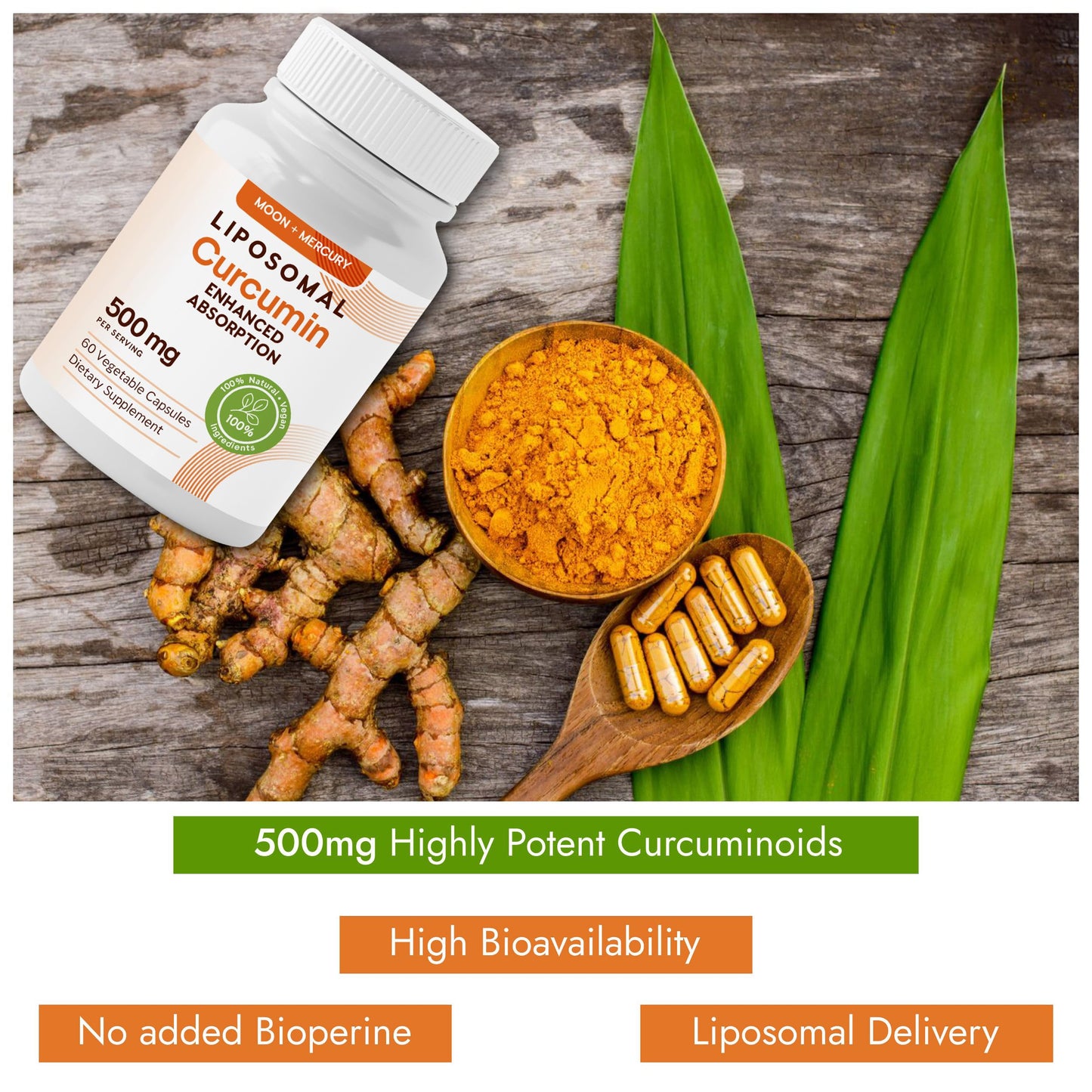Moon + Mercury Liposomal Turmeric Curcumin 500mg - 60 Capsules | 100% Natural Curcuminoids