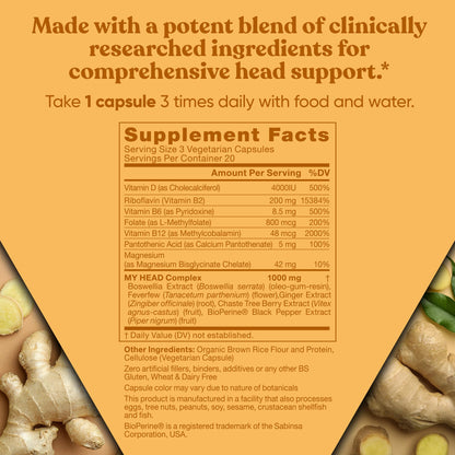 My Head! Headache Vitamins – Fast Acting Magnesium, Feverfew & More | 60 Soft Capsules