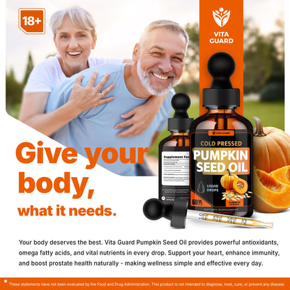 Vita Guard Cold Pressed Pumpkin Seed Oil Liquid Drops – 2000mg per Serving | Vegan, Gluten-Free, Non-GMO | Hair, Skin & Prostate Support | Natural Pumpkin Flavor | 60ml Dietary Supplement