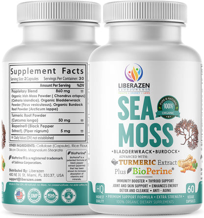 Organic Irish Sea Moss Pills - Wildcrafted Dr Sebi Inspired Seamoss Blend with Turmeric, Burdock Root & Bladderwrack, Enhanced with Black Pepper - 60 Capsules
