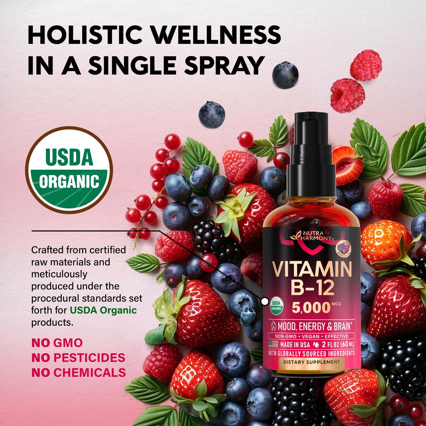 USDA Organic Vitamin B12 Sublingual Spray 5000 mcg - Vegan Methylcobalamin | 2 fl oz | 2 Month Supply