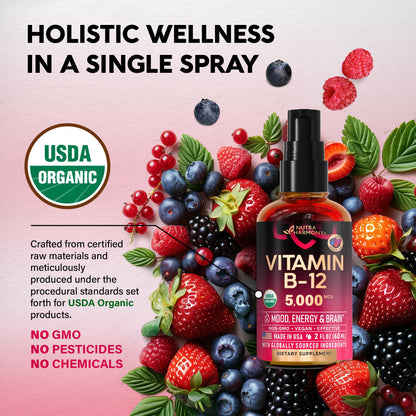 USDA Organic Vitamin B12 Sublingual Spray 5000 mcg - Vegan Methylcobalamin | 2 fl oz | 2 Month Supply