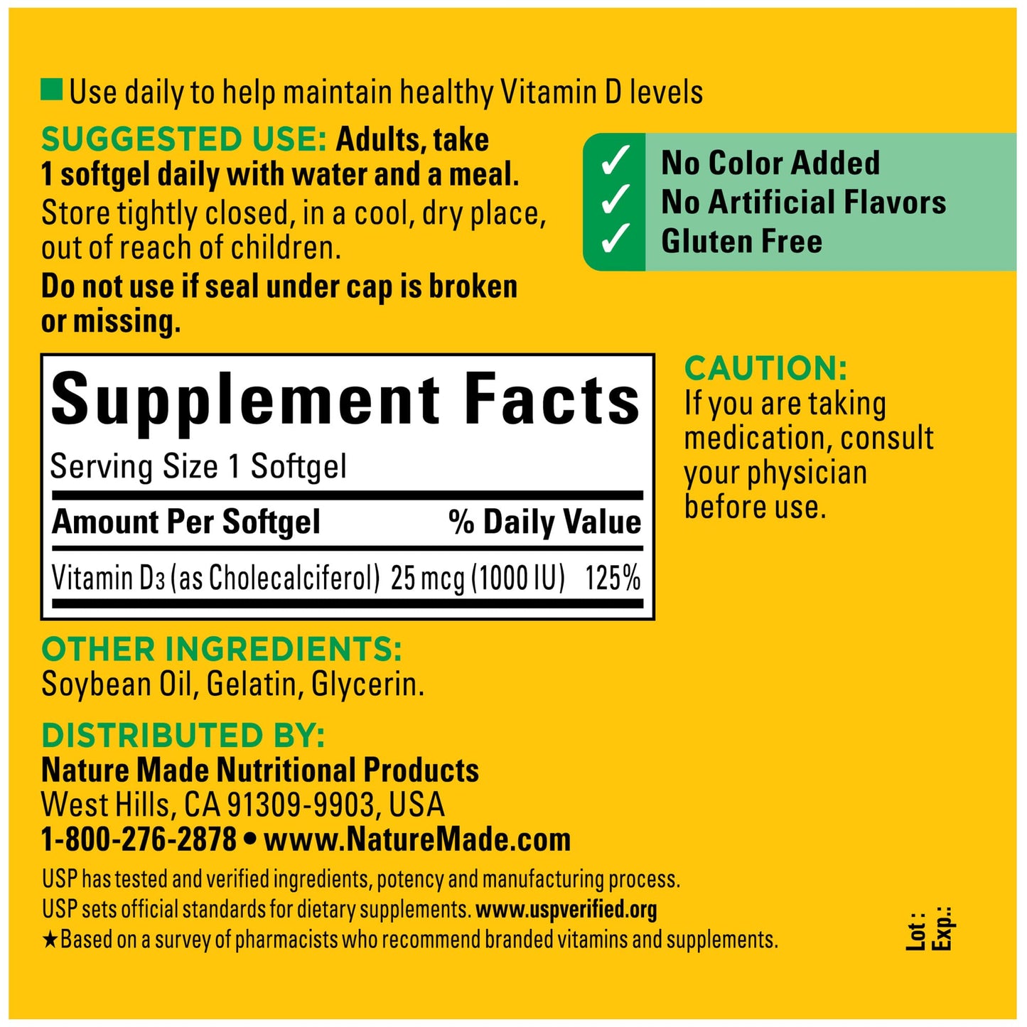 Nature Made Vitamin D3 1000 IU (25 mcg) Softgels – 300-Day Bone, Teeth, Muscle & Immune Support