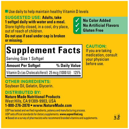 Nature Made Vitamin D3 1000 IU (25 mcg) Softgels – 300-Day Bone, Teeth, Muscle & Immune Support